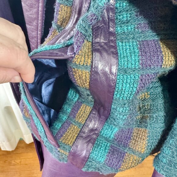 Vintage 80s blazer, purple, teal knit, leather lapels, waist band & cuffs, 10/12 - Picture 5 of 14